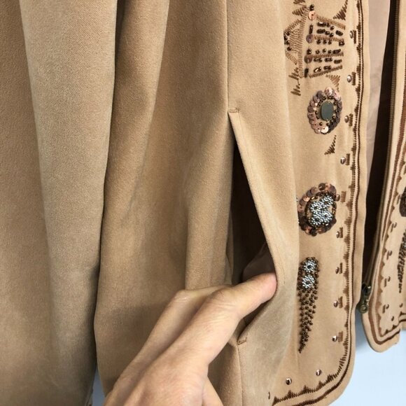 TanJay Brown Faux Suede embroidered Zip-up Lightweight Jacket size 12 - Picture 7 of 15